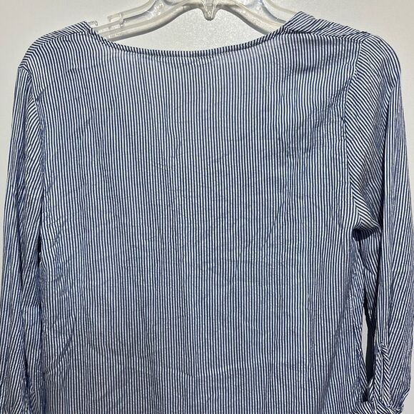 H&M L.O.G.G Women's Blue White Pinstripe Tie Sleeve V-Neck Blouse Size 6 - Picture 10 of 11